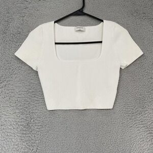 Babaton Scuplt Knit Top Womens Medium White Crop Ribbed Knit Square Neck Aritzia